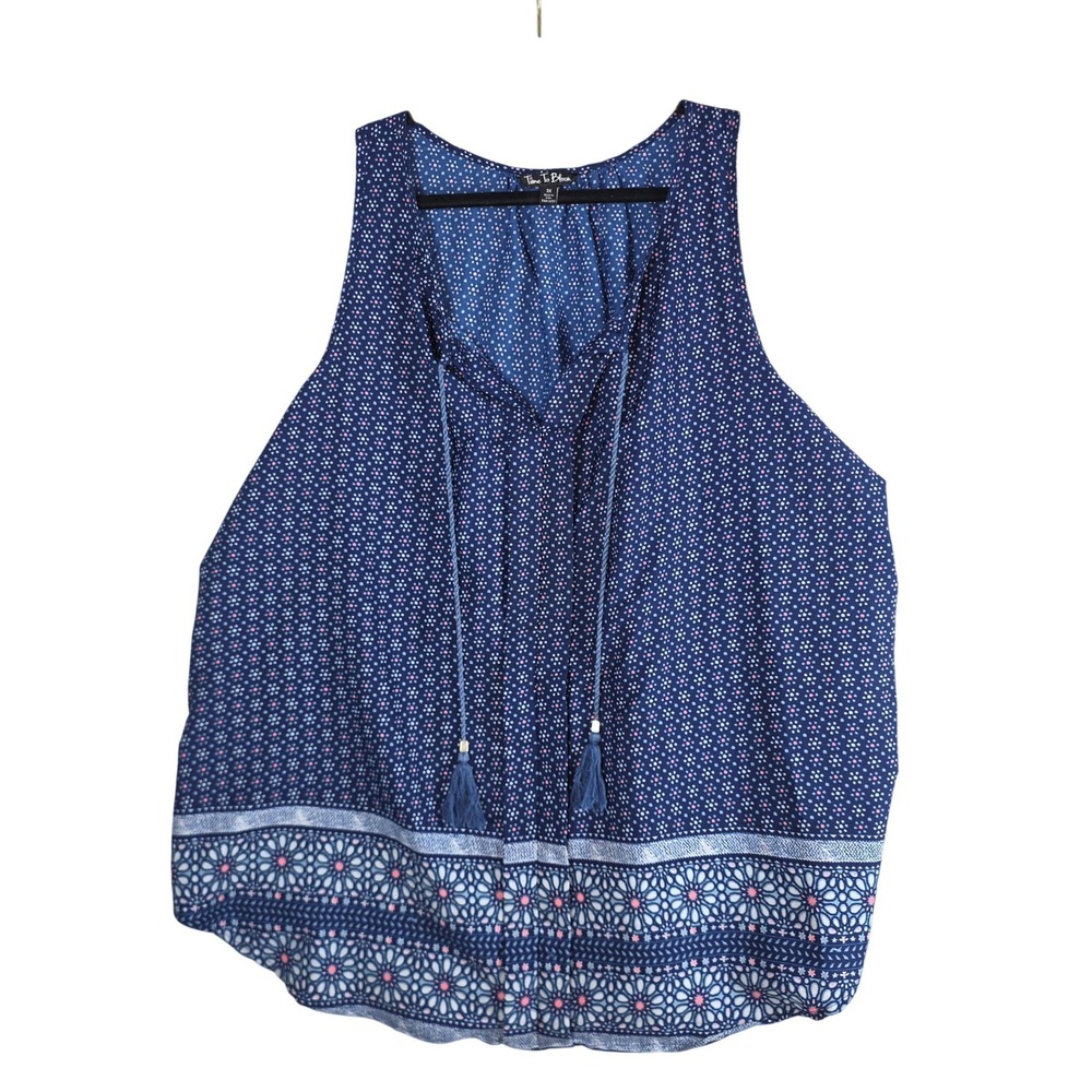 Time To Bloom Sleeveless Top Blue Geometric Tassel Tie Plus Size 3X Boho, Summer